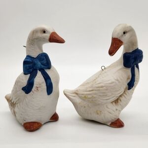 Charming White Goose Figurines with Blue Bows